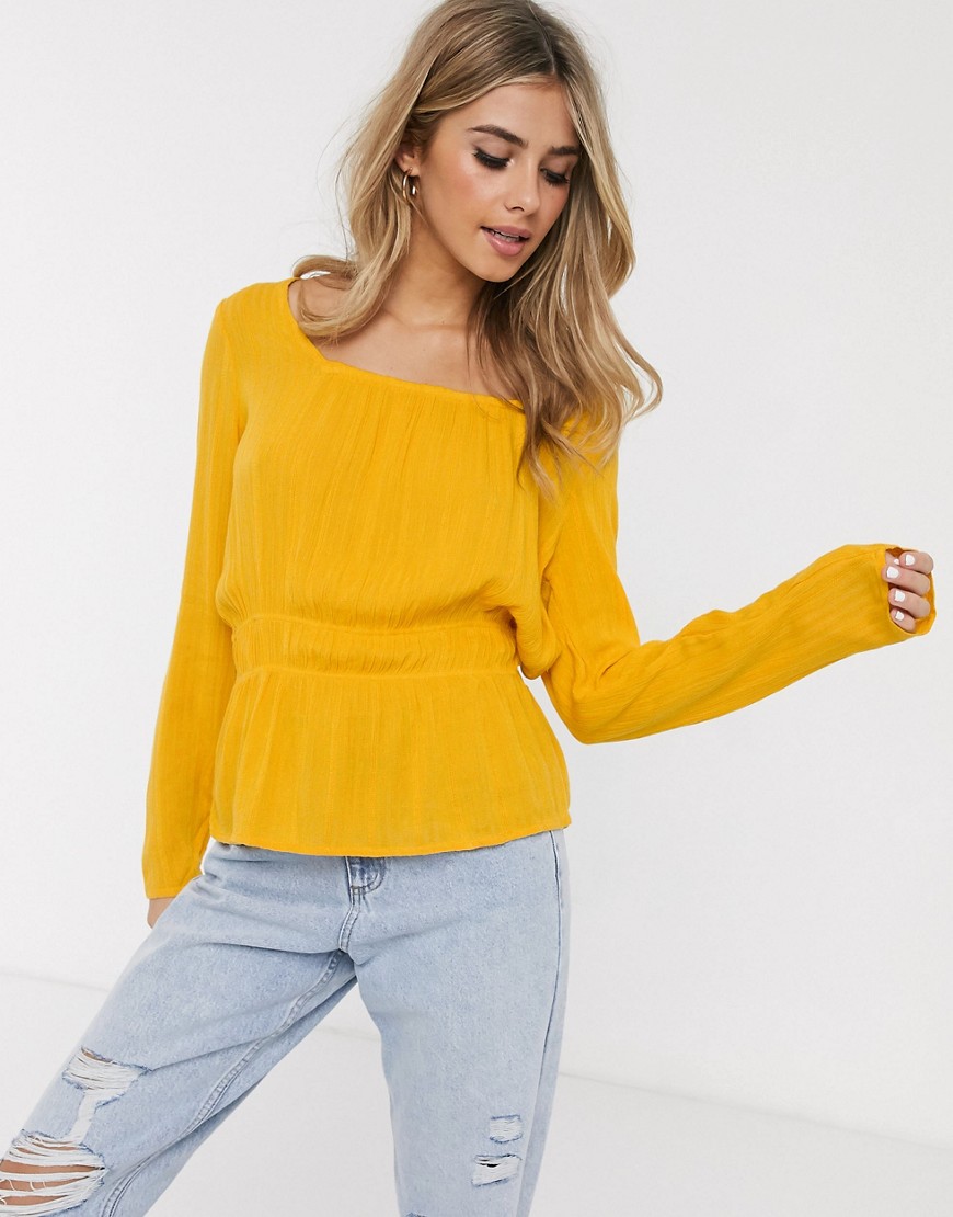 Pimkie square neck shirred waist blouse in mustard-Yellow