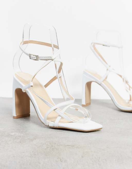 white strappy square toe heels