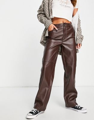 Pimkie straight leg faux leather trousers in chocolate brown