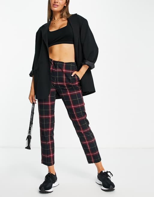 Pimkie straight leg tartan check pants in red and black (part of a set)