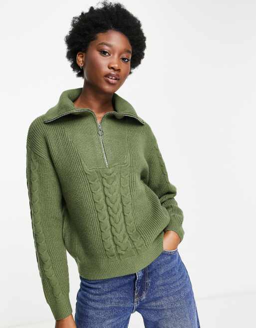 Pimkie – Strickpullover in Khaki mit Zopfmuster und Reißverschluss