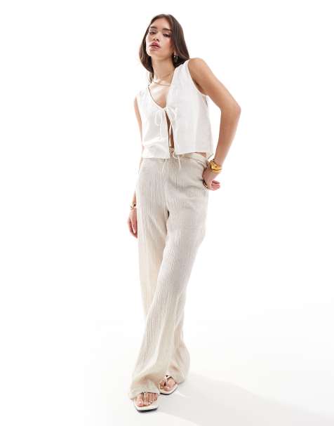 Pimkie – Strukturierte Leinenmix-Hose in Beige mit Kordelzugbund und weitem Schnitt - view 1