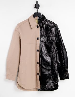 Pimkie splice faux leather overshirt in beige and vinyl black - ASOS Price Checker