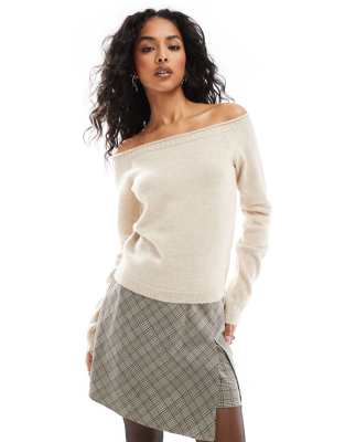 Pimkie - Sweat ajusté en maille à encolure Bardot - Crème-Blanc