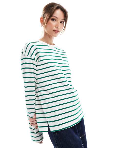 Pimkie - T-shirt girocollo a maniche lunghe bianca e verde a righe - view 1