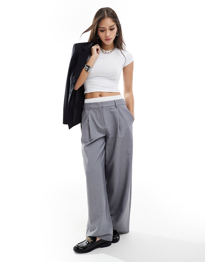 Pimkie tailored boxer trim straight leg trousers in grey