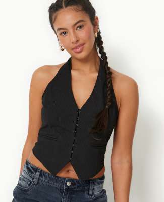 Pimkie Tailored Halterneck Hook And Eye Waistcoat In Black Stripe Asos