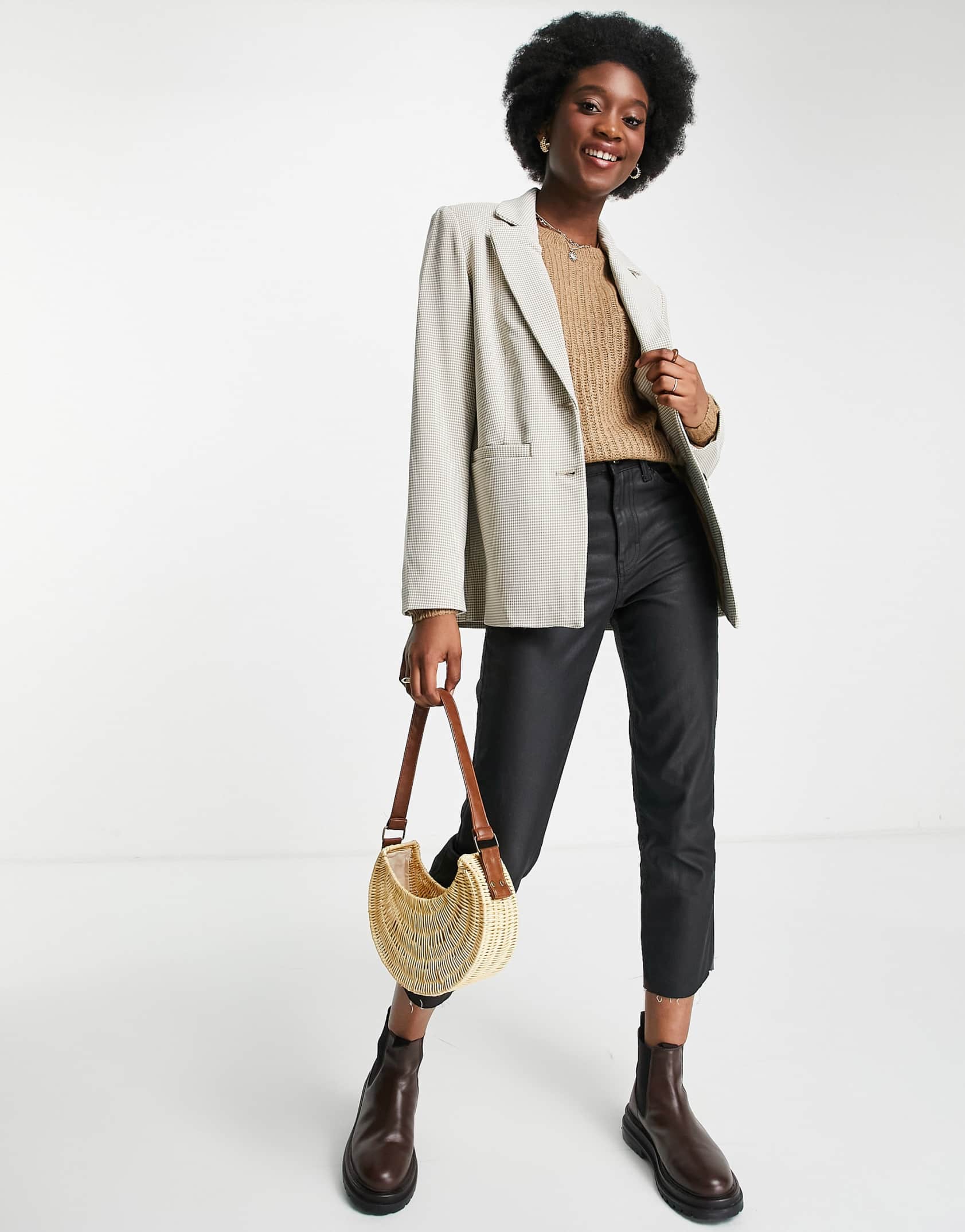 Pimkie tailored houndstooth check blazer co ord in beige ASOS Price Checker