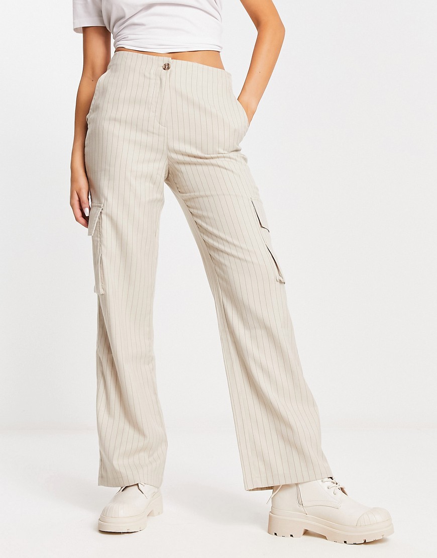Pimkie tailored pocket detail wide leg trousers in beige pinstripe-Neutral
