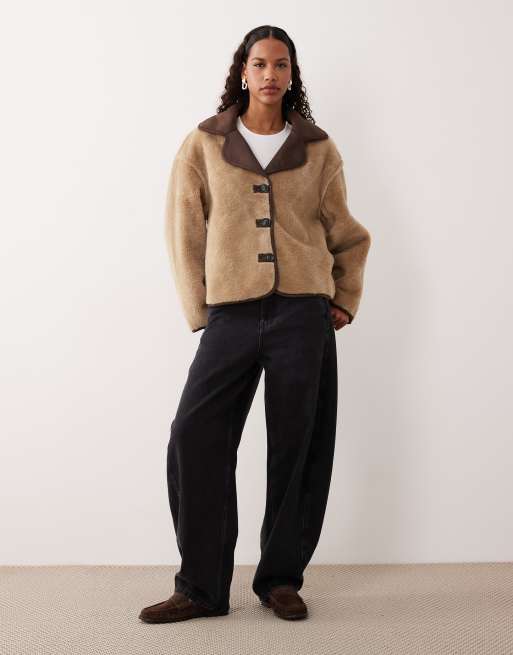 Pimkie teddy brown suede collared trim button-through jacket in beige, 2 of 4