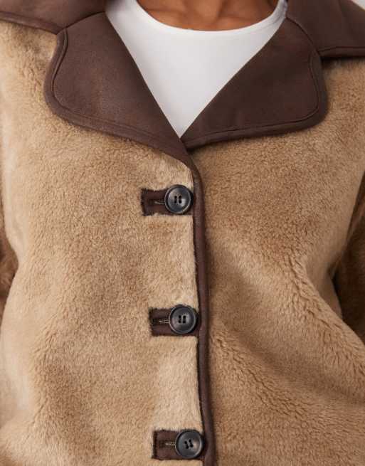 Pimkie teddy brown suede collared trim button-through jacket in beige, 4 of 4