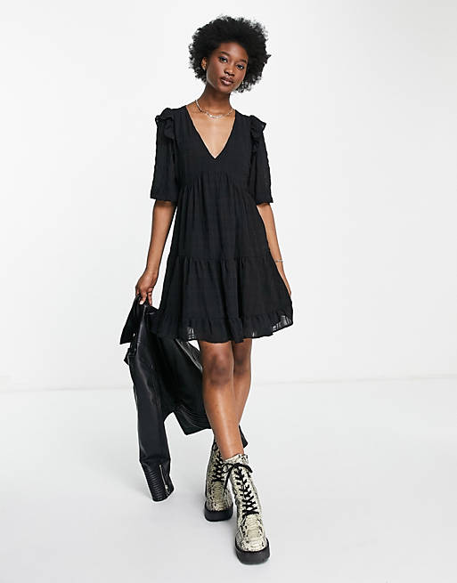 Pimkie textured linen smock mini dress with frill detail in black