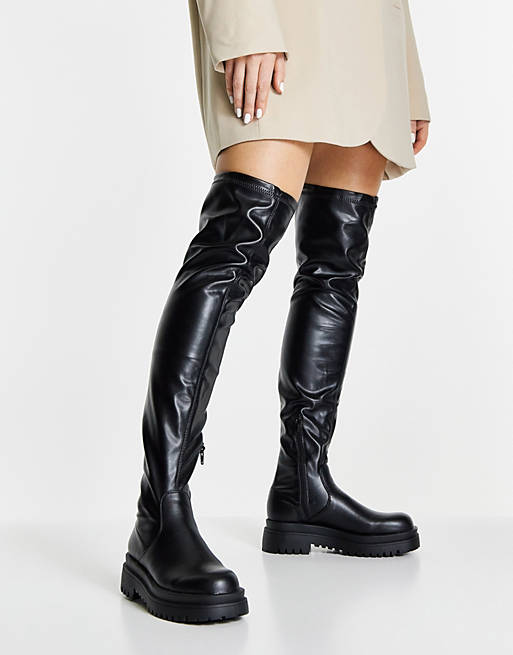 Pimkie thigh high flat chunky boots in black | ASOS