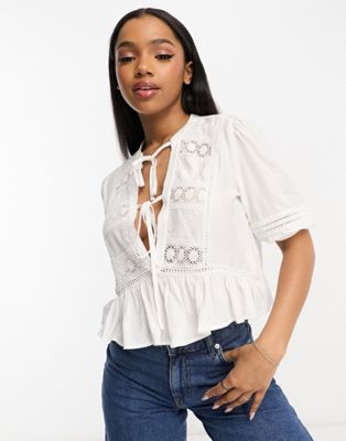 Pimkie tie detail lace insert peplum blouse in white