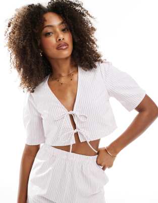 Pimkie tie front cropped shirt co-ord in pink stripe