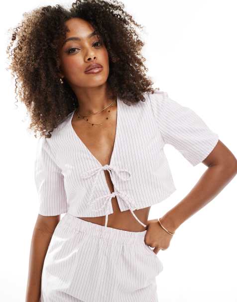 Pimkie tie front cropped shirt in pink stripe (part of a set) - view 1