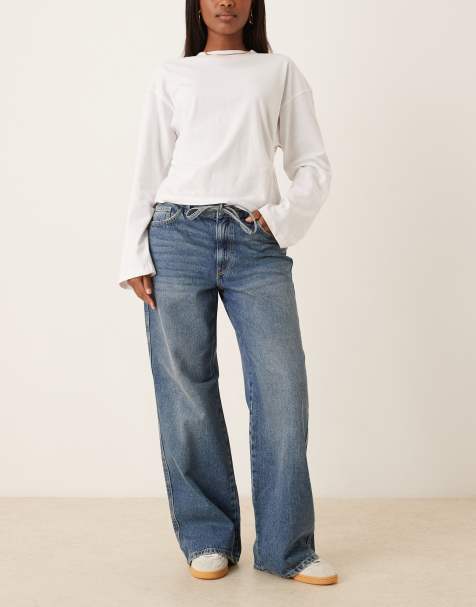 Pimkie tie front mid waist wide leg jeans in mid blue denim - view 1