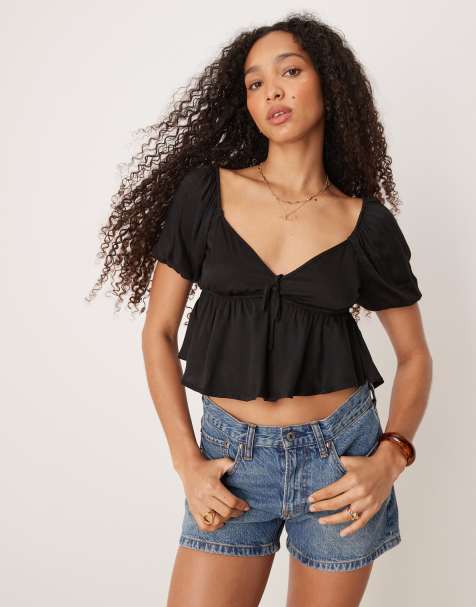 Pimkie tie front puff sleeve peplum blouse in black - view 1