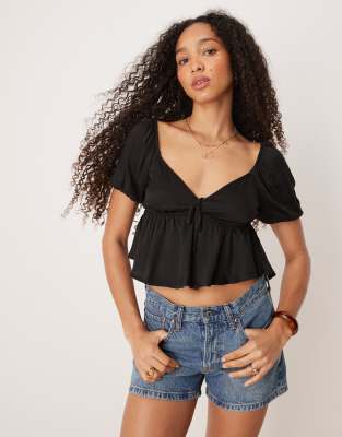 [Pimkie] Pimkie tie-front puff sleeve peplum blouse in black L BLACK