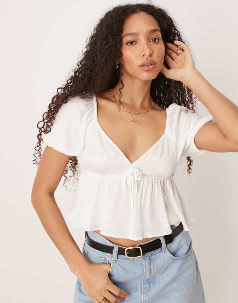 Pimkie tie-front puff sleeve peplum blouse in white - view 1