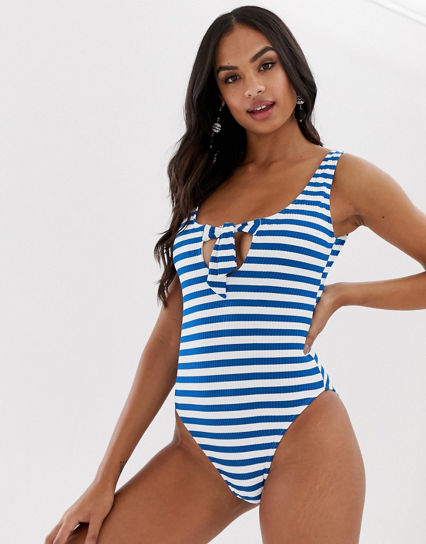 Pimkie tie front striped swimsuit in blue