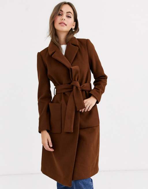 Buy BROWN LAPEL NECK WAIST-TIE POLYESTER COAT for Women Online in