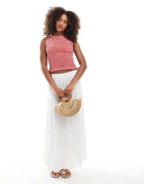 Pimkie tie waist tiered maxi skirt in white
