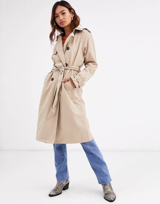 Pimkie tie waist trench coat in beige | ASOS