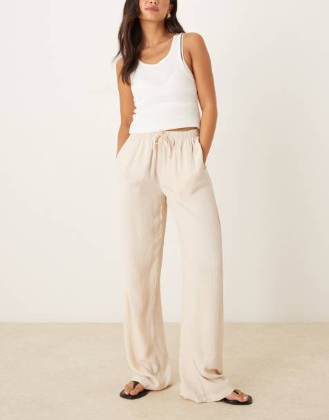 Pimkie tie waist wide leg plisse pants in beige - view 1
