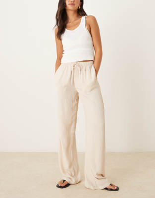 Pimkie tie waist wide leg plisse trousers in beige - view 1