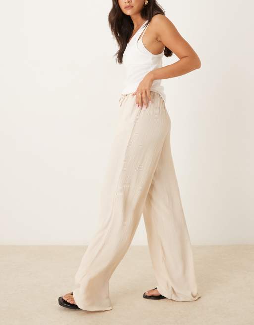 Pimkie tie waist wide leg plisse trousers in beige, 4 of 5