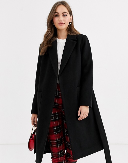 Pimkie tie waist wool coat in black
