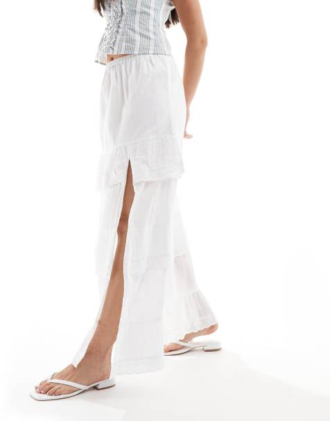 Pimkie tiered broderie detail thigh split maxi skirt in white - view 1