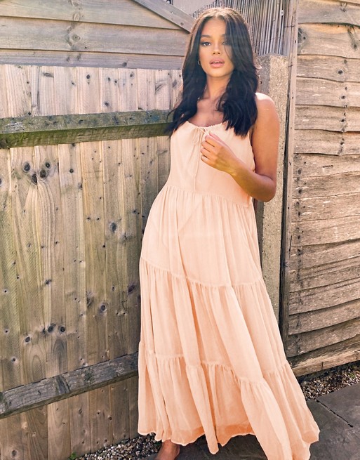 Pimkie tiered strappy maxi dress in pink