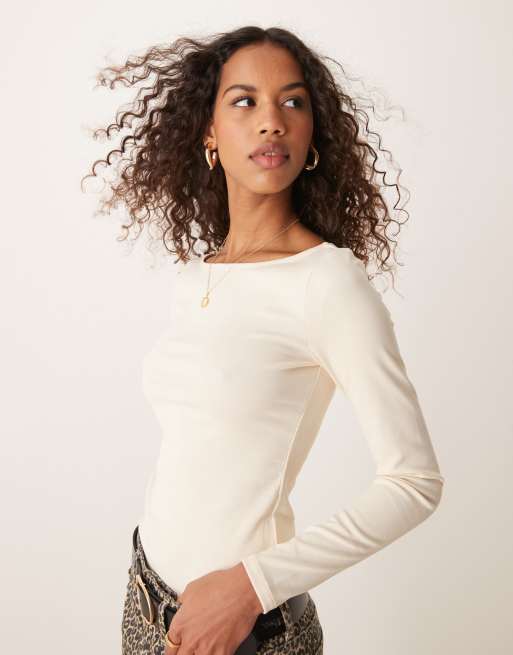Pimkie - Top a maniche lunghe beige con scollo a barchetta