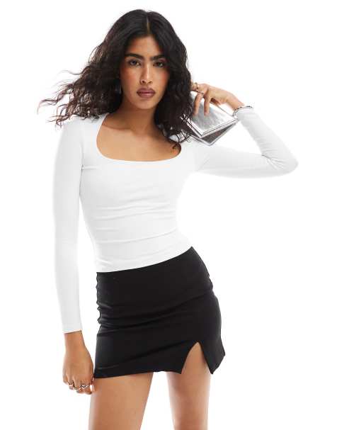 Pimkie - Top a maniche lunghe bianco sinuoso con scollo squadrato - view 1