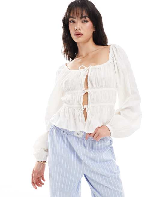 Pimkie - Top arricciato bianco con scollo quadrato e laccio sul davanti