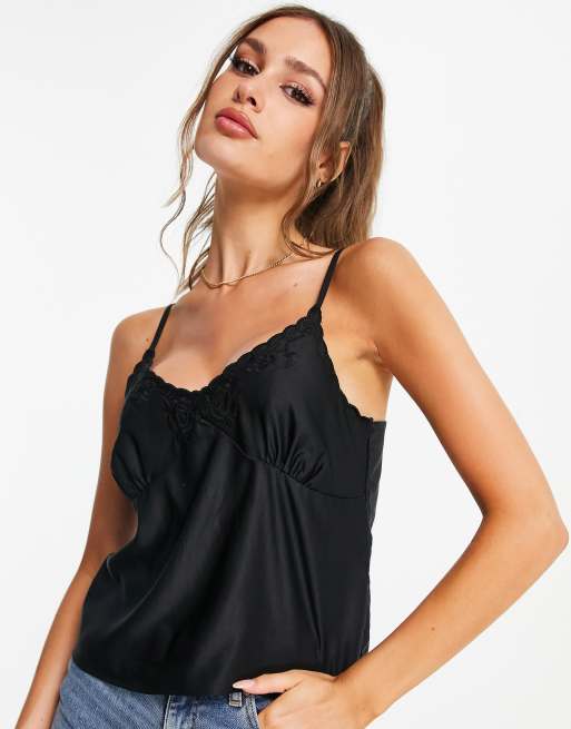 Pimkie - Top con spalline sottili in raso e dettagli in pizzo nero