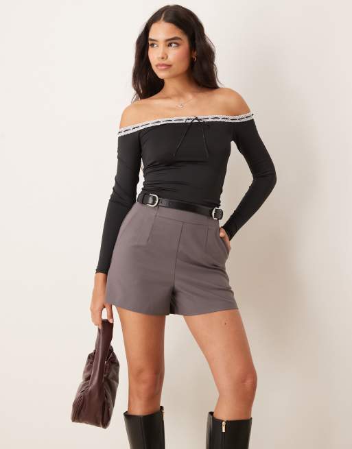 Pimkie - Top côtelé à manches longues et bordures dentelle avec encolure Bardot et détail nœud - Noir