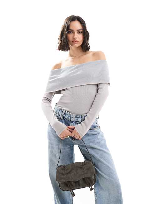 Pimkie - Top grigio chiaro a coste con scollo Bardot