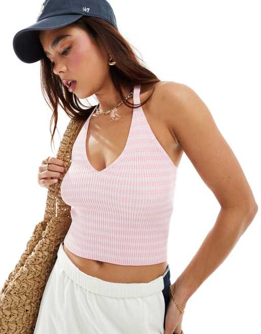 Pimkie - Top in maglia allacciato al collo rosa e bianco a righe