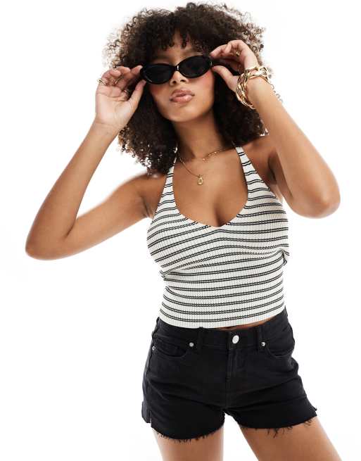 Pimkie - Top in maglia crema a righe allacciato al collo
