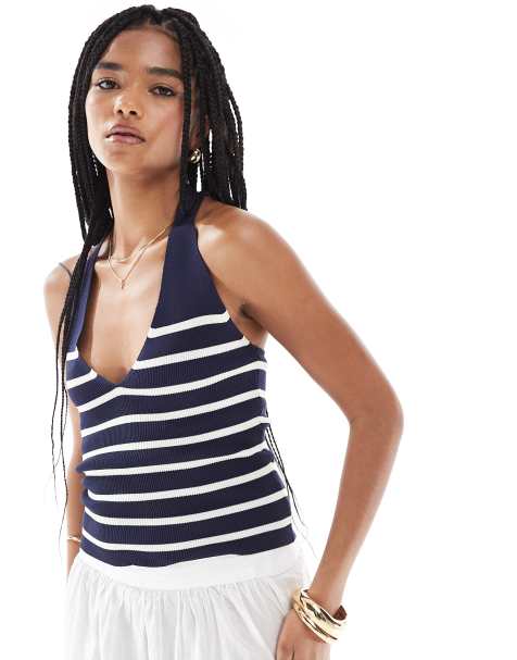 Pimkie - Top in maglina a righe bianche e navy allacciato al collo e con scollo a V - view 1