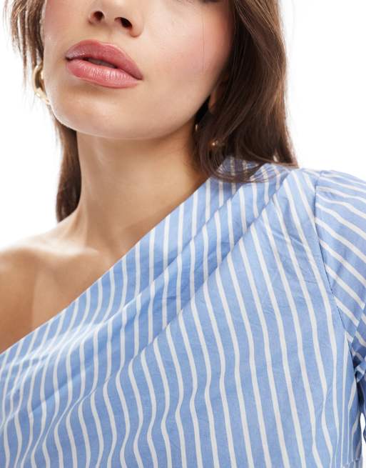 Pimkie - Top monospalla in popeline blu a righe, 4 di 4