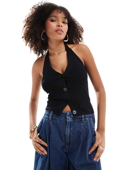 Pimkie - Top nero in maglia allacciato al collo con bottoni