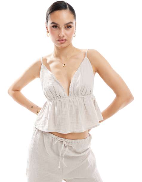 Pimkie - Top peplo con spalline sottili e scollo a V beige effetto lino in coordinato - view 1