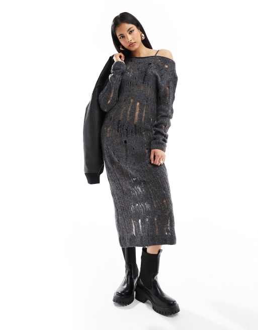 Pimkie - Trappestrikket offshoulder midi-sweaterkjole i kulgrå