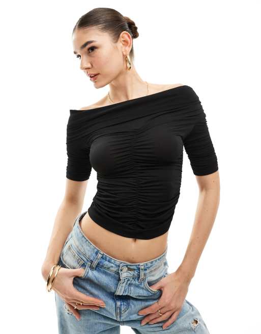 Pimkie - Tætsiddende offshoulder-top med rynker i sort