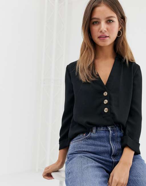 Pimkie v neck button front blouse in black