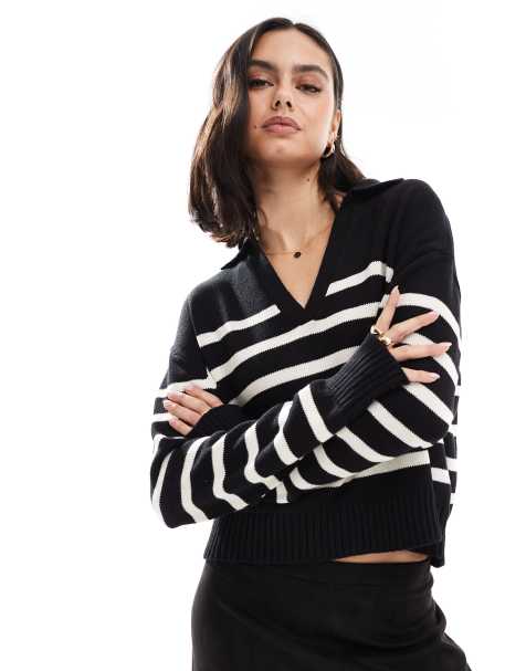Pimkie v neck collar detail jumper in black and cream stripes - view 1